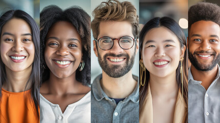 Fototapeta premium young people of many nationalities Smiling faces express positive emotions on a collage of headshots with successful Millennials. Concept of creating a portrait