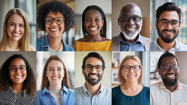 young people of many nationalities Smiling faces express positive emotions on a collage of headshots with successful Millennials. Concept of creating a portrait