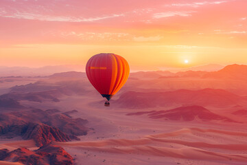 Fototapeta premium Hot air balloon heading towards the clouds in the vanilla sky, Hot air balloon in the sky at sunset, beautiful landscape, bright hot air balloon beautiful view shimmer background professional 