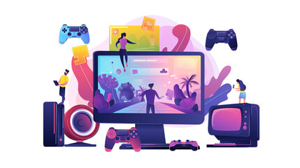  Vector playing video games on different hardware platforms, white background copy space virtual reality technology Web gamers play online games with consoles.