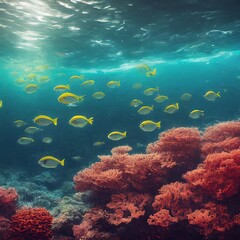Naklejka premium Underwater, coral reefs with schools of fish swimming, bioluminescence, high dynamic range photorealistic