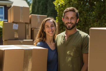 Young couple at outdoors among boxes