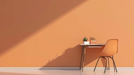 Keep your workspace clean and organized with a creative work desk and chair against an empty pastel orange wall