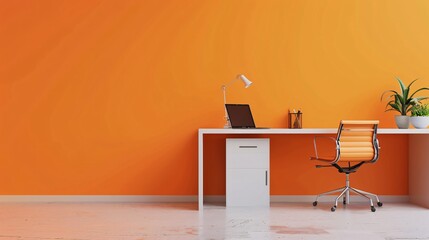 Keep your workspace clean and organized with a creative work desk and chair against an empty pastel orange wall