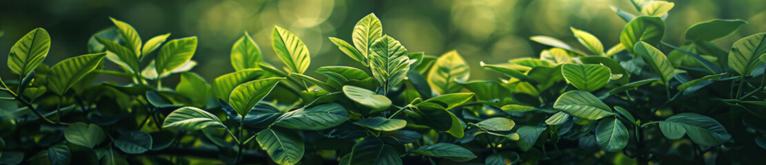 Obraz premium Blurred green nature background with copy space for text, beautiful leaf and sunlight on blurred bokeh natural garden landscape