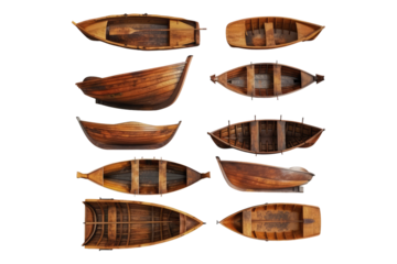 Collection of wooden boats isolated on transparent back ground