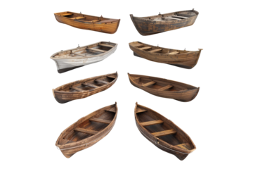Collection of wooden boats isolated on transparent back ground