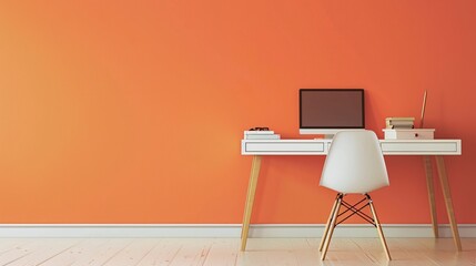 Keep your workspace clean and organized with a creative work desk and chair against an empty pastel orange wall
