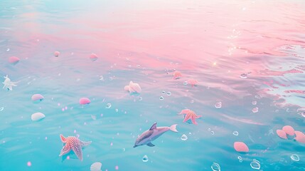Obraz premium An ocean filled with dreamy hues, the water exhibits a gradient of pink and blue tones.