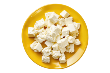 Feta cheese on a yellow plate isolated on transparent background