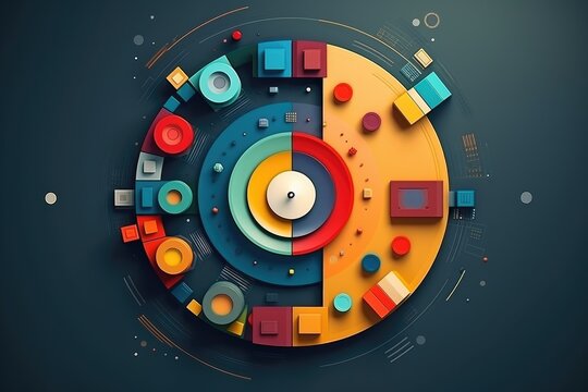 Vibrant abstract circular design with colorful geometric shapes and patterns, perfect for modern digital artwork and visual content
