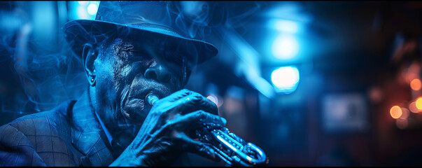 A musician playing a soulful melody on a harmonica in a dimly lit blues bar, evoking emotions with every note.