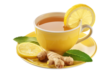 Ginger lemon tea cup isolated on transparent background