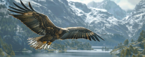 A majestic eagle soaring through the sky, its wings outstretched as it surveys the landscape below.