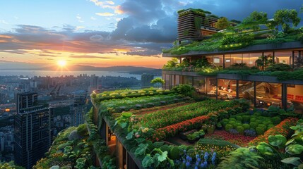 Rooftop Garden with Sunrise Cityscape View