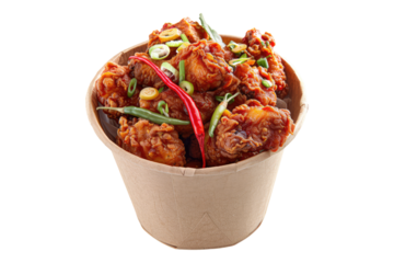 Fried chicken with red chili in paper bag isolated on transparent background