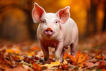 A pink pig walking in the orange autumn grass in the forest with sunlight illustration, Closeup of pink baby piglets with white and clean body in blur background