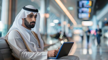 Businessman using tab computer while waiting for flight boarding, young middle eastern man posing at airport terminal, millennial arab businessman using tab computer while waiting for flight boarding