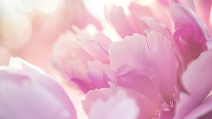 Obraz premium Peony petals, close-up, soft pastel pinks, warm natural light, high detail, blurred backdrop. -
