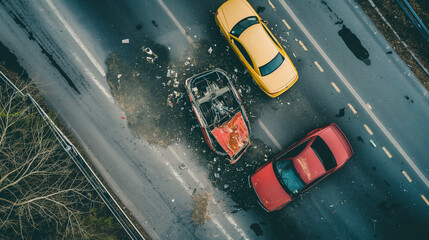 Top view, car accident frontal collision and covers heavy damage on the road.