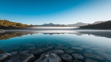 Fototapeta premium An unspoilt lake located in the middle of a lush green landscape. The crystal clear waters reflect the endless expanse of the bright azure sky, creating a striking visual contrast.