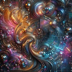 Dynamic abstract artwork featuring swirling patterns and metallic accents. The vibrant composition blends fluid movements with structured elements, creating a visually striking and modern design.. AI