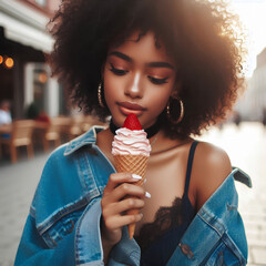 cheerful african american girl stands on the street and holds delicious summer ice cream. Generative artificial intelligence