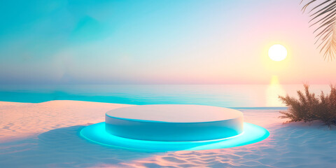 neon podium pedestal for product advertising on the beach