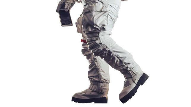 Astronaut walking, wearing a suit, holding a mobile phone and a pocket book, on transparency background, PNG.