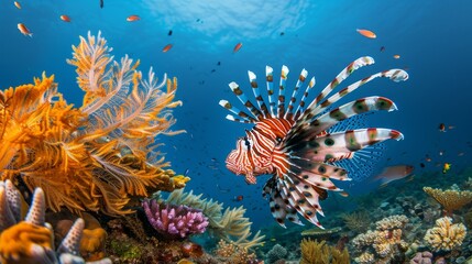 Majestic Lionfish in Vibrant Ocean Habitat with Coral and Small Fish - Marine Life Underwater Beauty