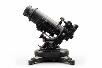 Vintage black telescope on a white background. Detailed close-up of an old, professional astronomical instrument for stargazing, white background