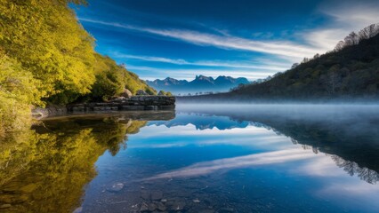 Obraz premium An unspoilt lake located in the middle of a lush green landscape. The crystal clear waters reflect the endless expanse of the bright azure sky, creating a striking visual contrast.
