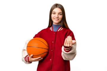 Teenager girl playing basketball over isolated chroma key background inviting to come with hand. Happy that you came