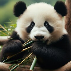 Fototapeta premium Adorable baby panda chewing bamboo in a serene forest setting. The fluffy panda's curious eyes and soft fur create a heartwarming scene, perfect for nature and wildlife enthusiasts.. AI Generation