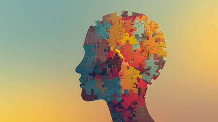 Naklejka premium Une silhouette de tête humaine composée de pièces de puzzle multicolores sur un fond dégradé de jaune à bleu.
