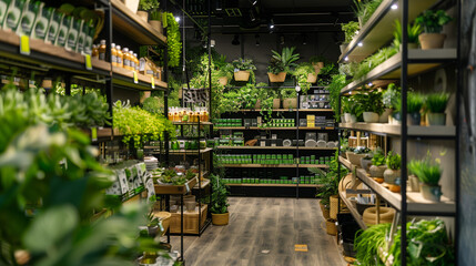 Green retail store interior with diverse plant varieties and eco-friendly products. A meticulously organized green retail store featuring a wide variety of plants and eco-friendly products.