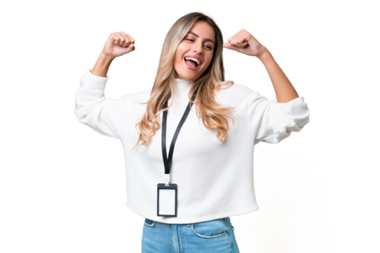 Young Uruguayan woman with ID card over isolated background doing strong gesture - Powered by Adobe