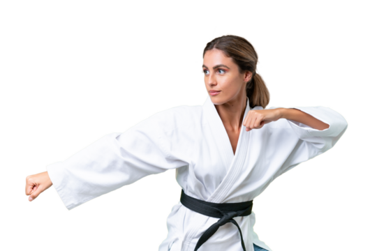 Young Uruguayan woman over isolated background doing karate