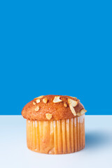 Almond muffin isolated on white table with blue background.