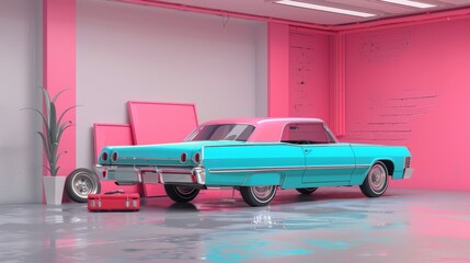 Turquoise Vintage Car with Pink Accents