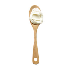 Greek yogurt on the wooden spoon isolated on the white background.