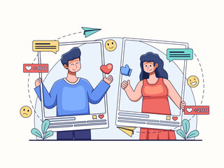 Illustration of social media interaction between two people. The two people hold a frame resembling a social media UI, and they give each other positive feedback.
Suitable for UI/UX, landing page, etc