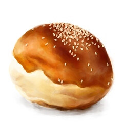 Sesame burger bun, isolated on white background, digital watercolor