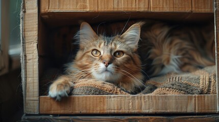 A cat is laying on a blanket in a cardboard box