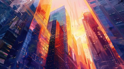 Fototapeta premium Vibrant digital illustration of a futuristic city skyline with colorful skyscrapers and dramatic lighting at sunset.