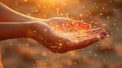 Distant healing message banner background - female cupped hands with a light burst radiating out on a wide pale peach background 