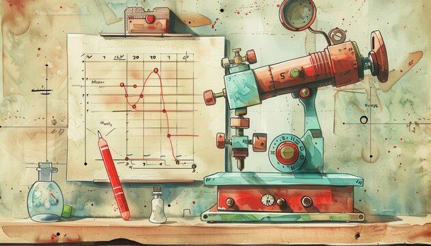 Vintage watercolor illustration of scientific equipment, including a chart, microscope, pencil, and experiment tools on a wooden table.