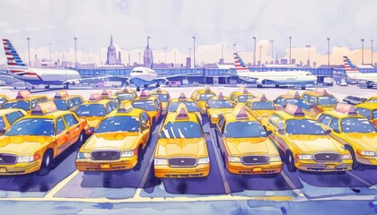 A colorful painting depicting a fleet of yellow cabs in front of a busy airport with airplanes and the city skyline in the background.