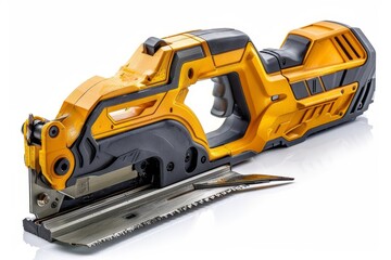 High-quality yellow cordless jigsaw with ergonomic design, sharp blade and advanced features for precision cutting in woodworking and DIY projects, white background