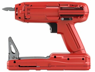 Fototapeta premium Red electric staple gun isolated on white background, professional woodworking and construction tool, close-up side view, white background